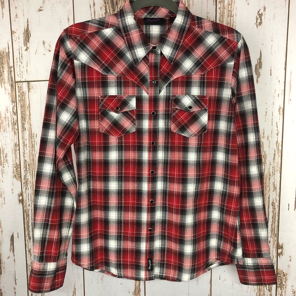 Wrangler Plaid Shirt, Black Snaps, Size Medium
